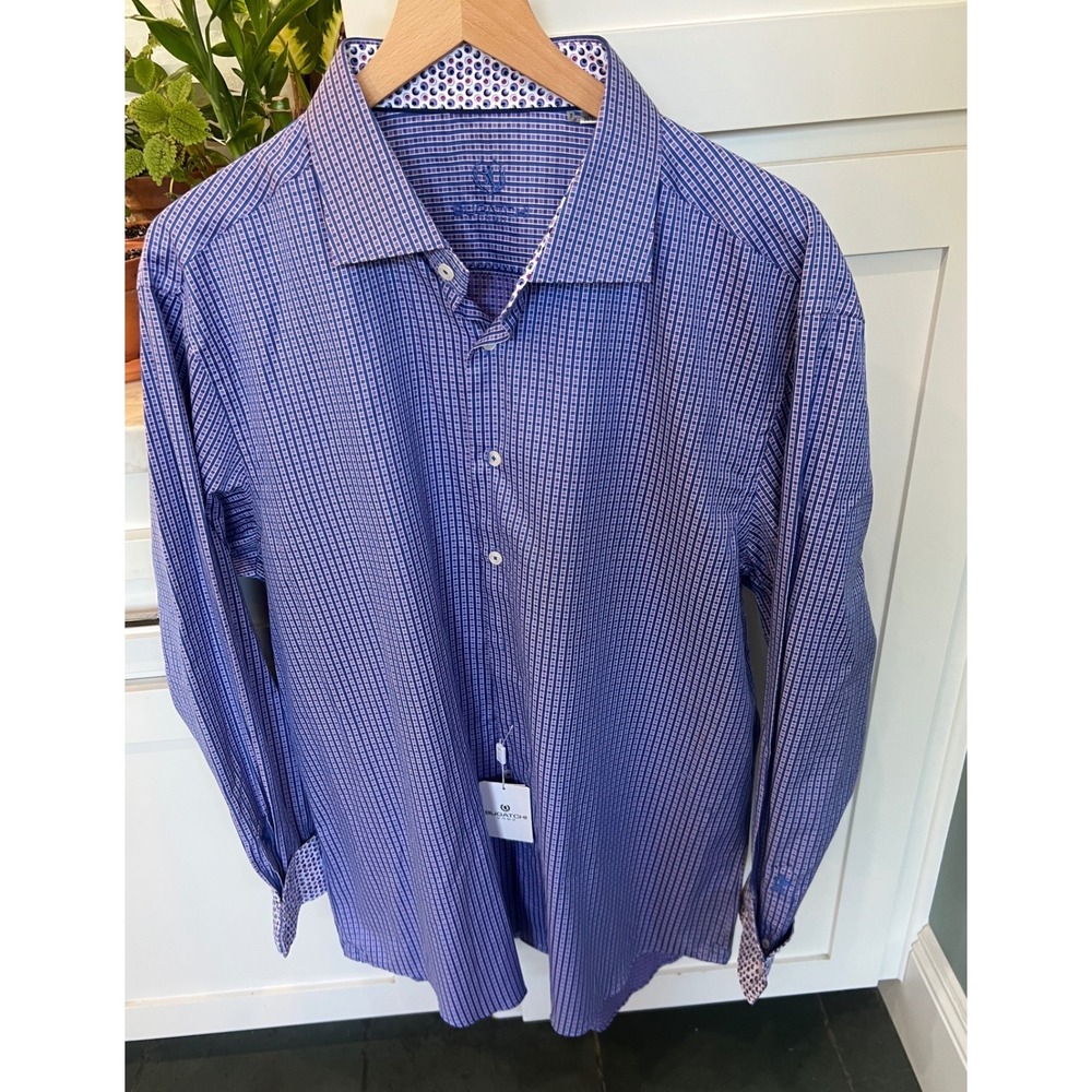Bugatchi Uomo Mens Purple Blue Geometric Grid Dress Shirt 18 36/37 NWT